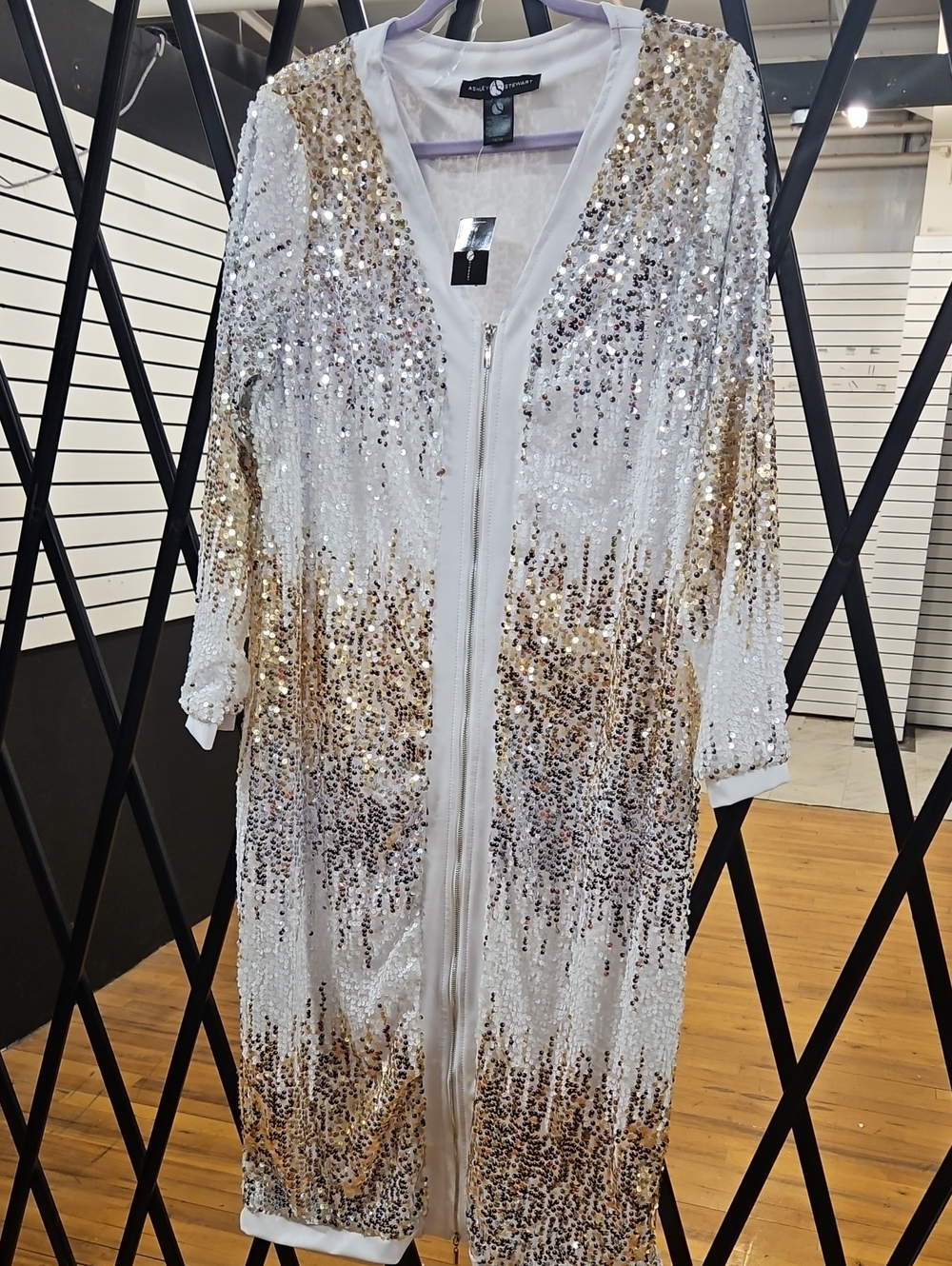 Ashley Stewart White and Gold Sequin Zip-Front Long Sleeve Dress